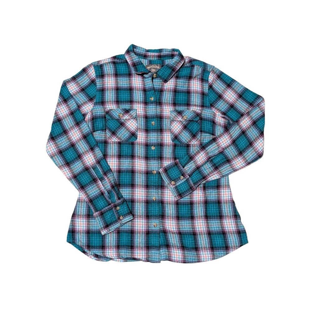 Eddie Bauer Flannel Shirt Women Medium Teal Pink Plaid Cotton Button Down Top